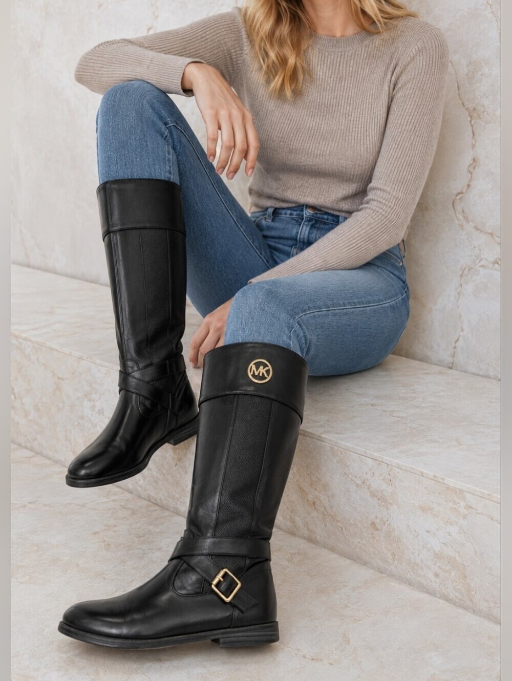 Michael Kors Black Tall Boots with Gold Hardware Woman's Sz 5